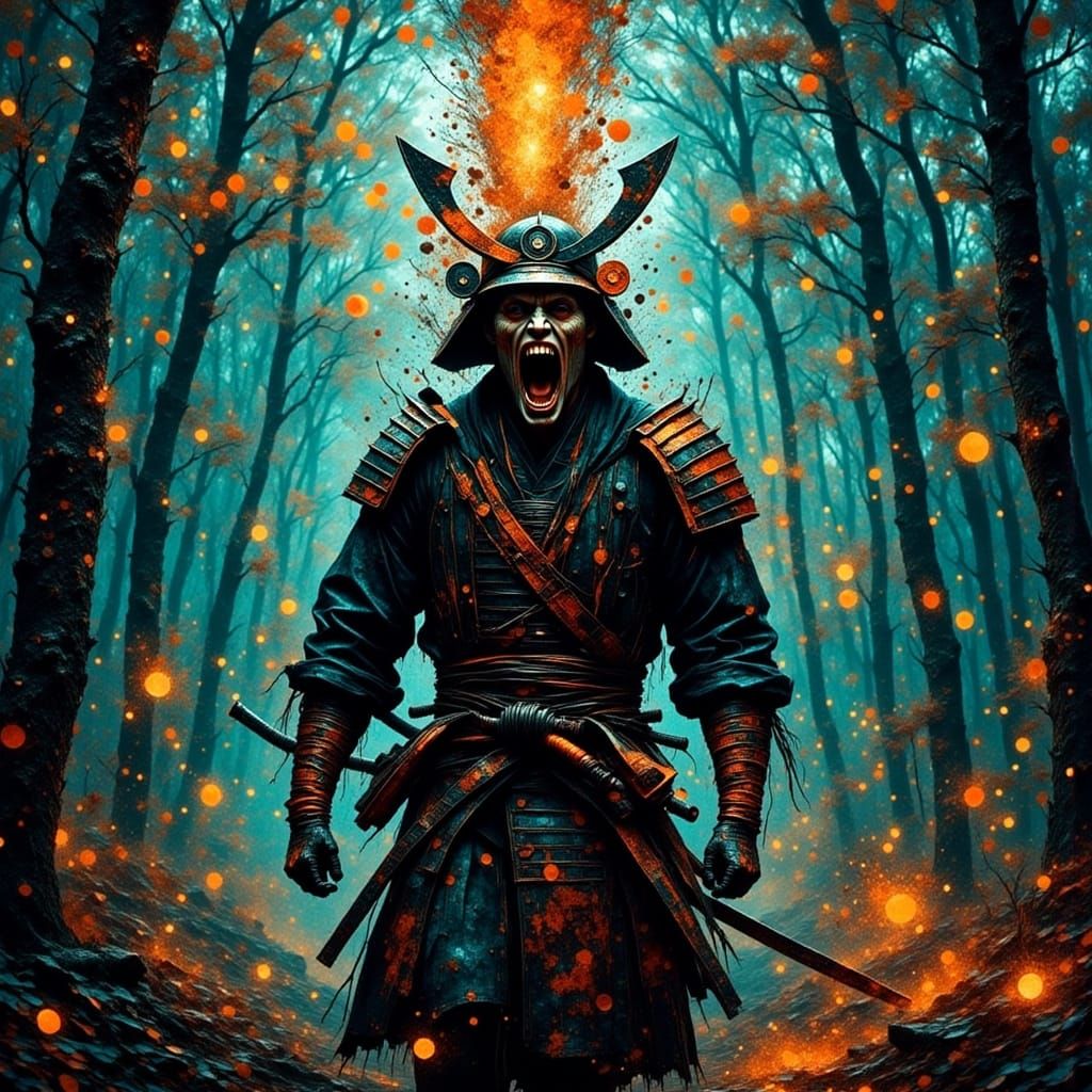 Screaming Samurai Disintegrates in Glitch Art Forest