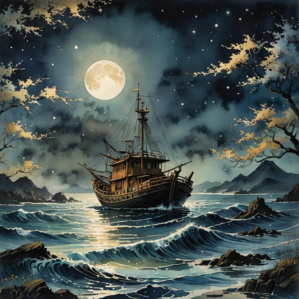 Moonlit Fishing Boat in Tachisme Watercolor Style