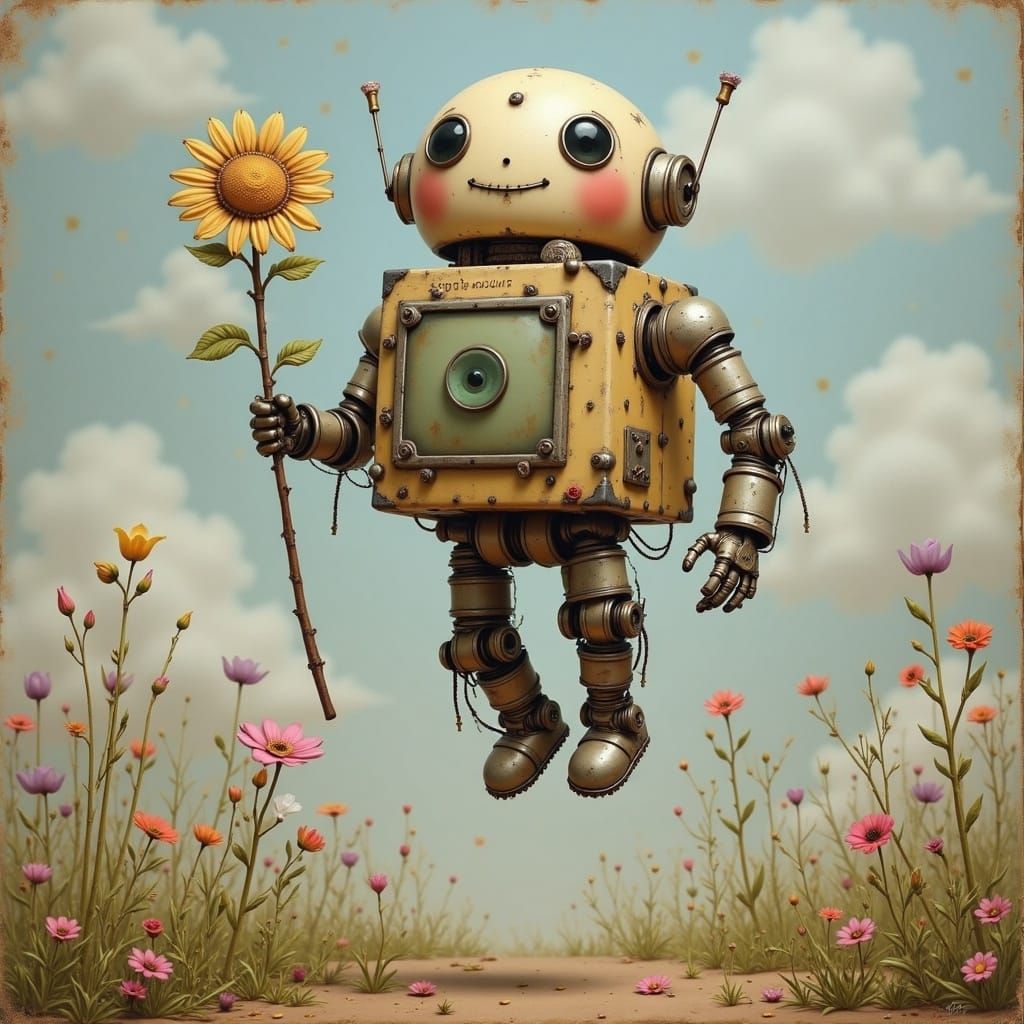 Whimsical Robot Unleashed in Cute Surreal Style