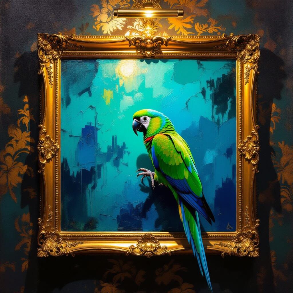 Emerald Parrot In Ornate Room, Baroque Impressionist Style