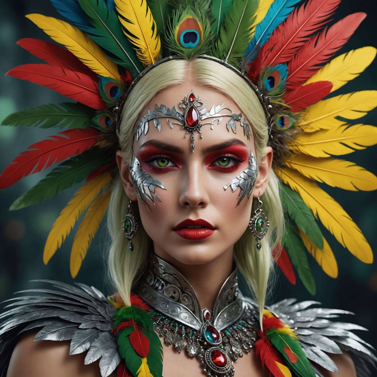 Surreal Woman with Silver Skin and Feathers