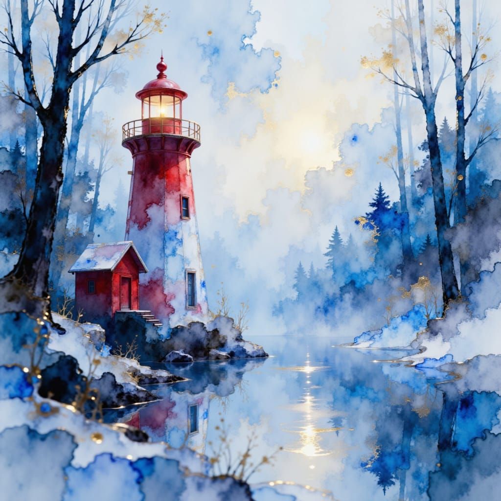 Whimsical Winter Lighthouse by Icy Lake