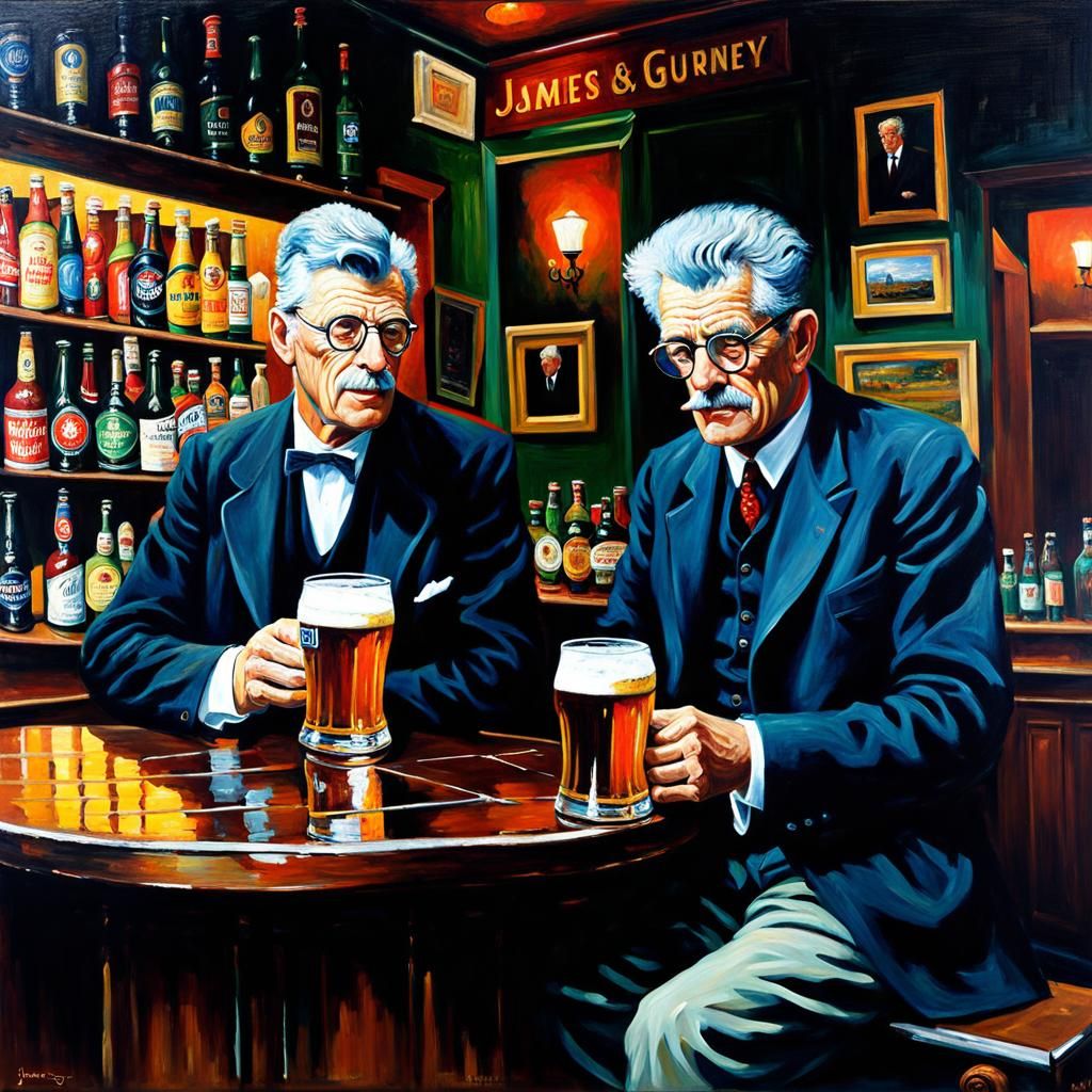 Samuel Beckett and James Joyce take a  beer in a irish pub