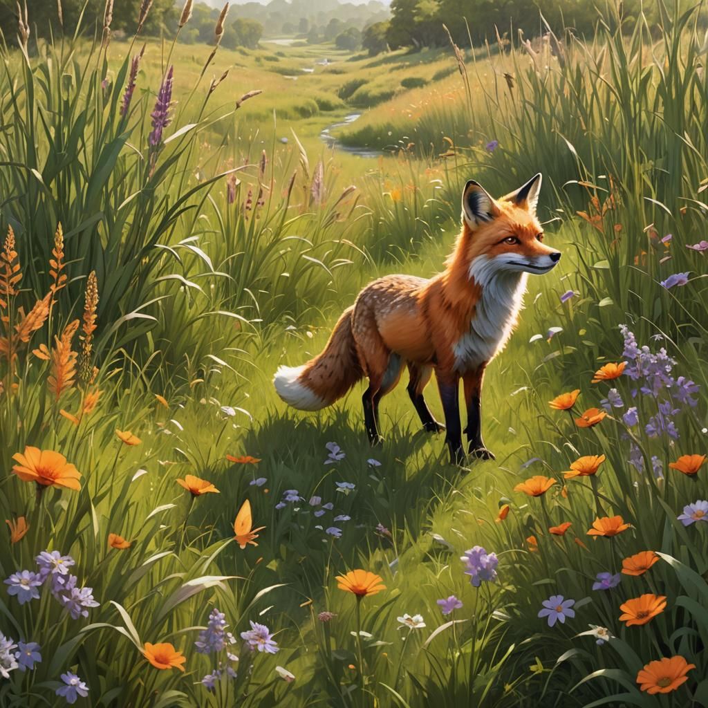 Fox Chasing Chicken in Lush Meadow, Disney-esque Style