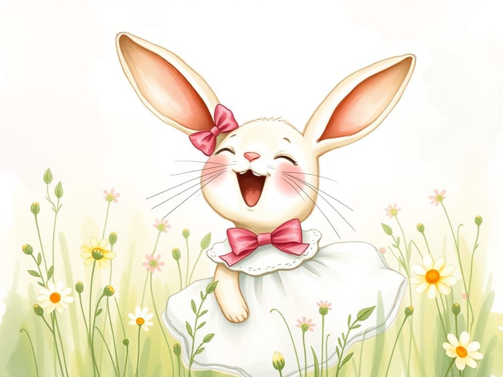 Joyful Bunny Laughing in Whimsical Meadow as Watercolor