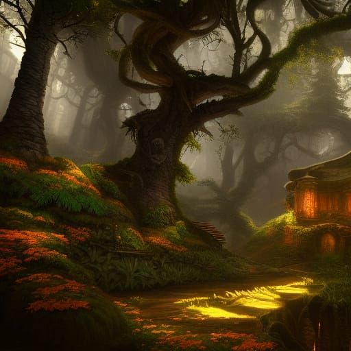 Fantasy Library in Forest: Detailed Matte Painting