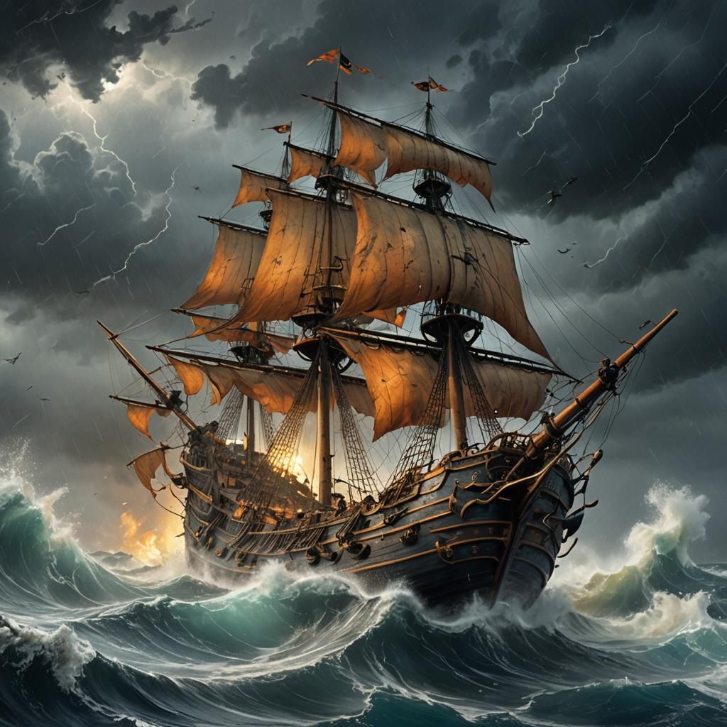 Pirate Ship in Stormy Sea, Fantasy Matte Painting