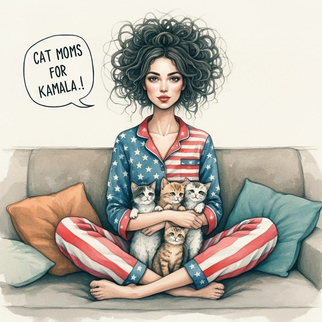 Watercolor of Woman with Kittens and Political Message