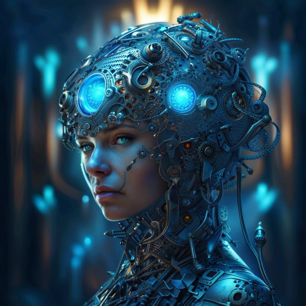 Mechanical Phoenix Portrait with Glowing Blue Highlights