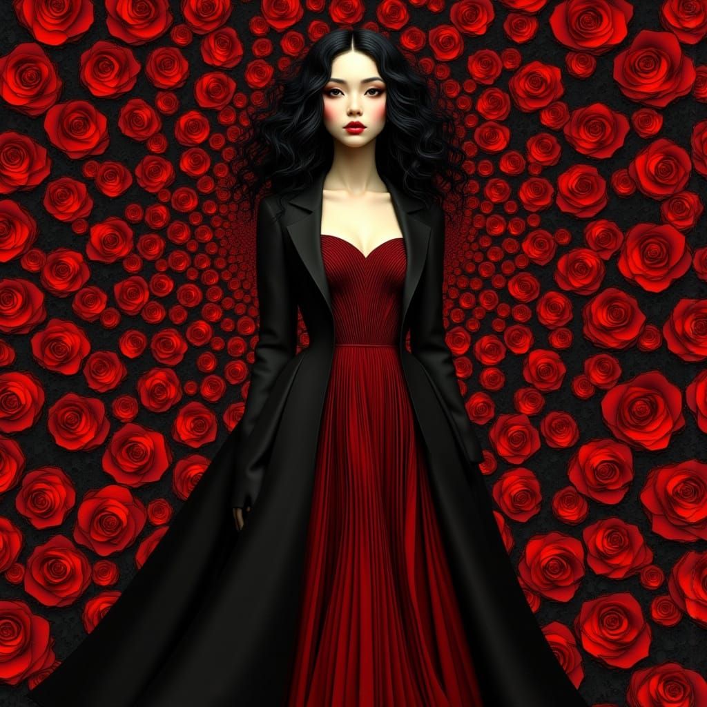 Woman in Elegant Art Nouveau Dress Against Checkerboard Back...