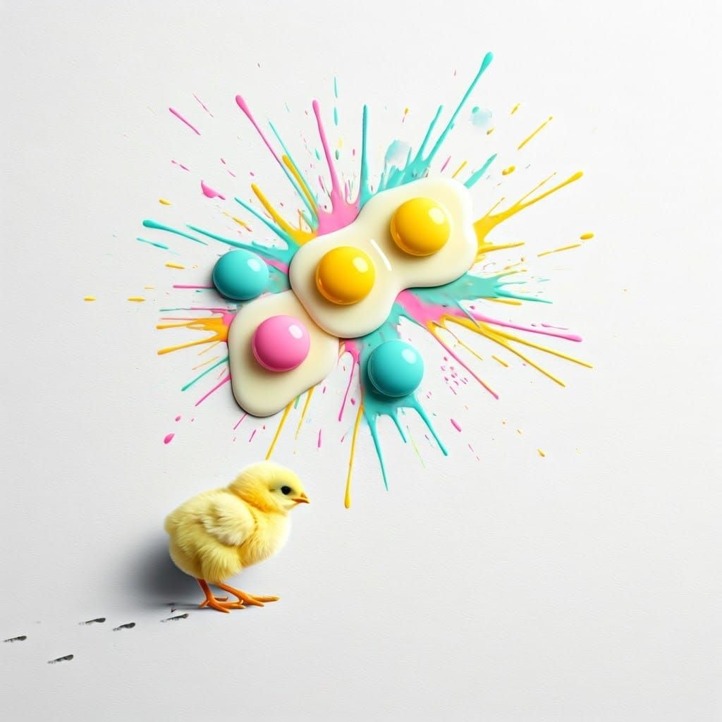 Surrealist Chick Explores Vibrant Egg Landscape