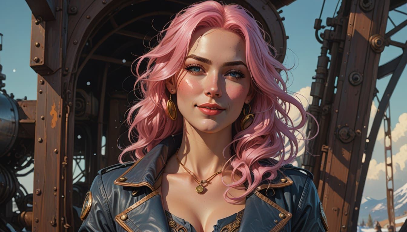 Steampunk Cowgirl with Pink Hair in Fantasy Landscape