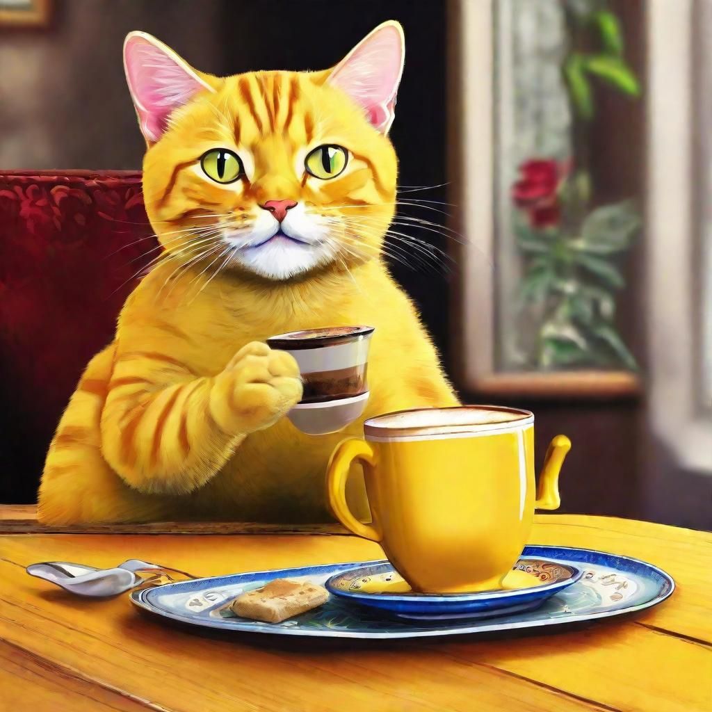 Yellow Cat Enjoys Turkish Coffee