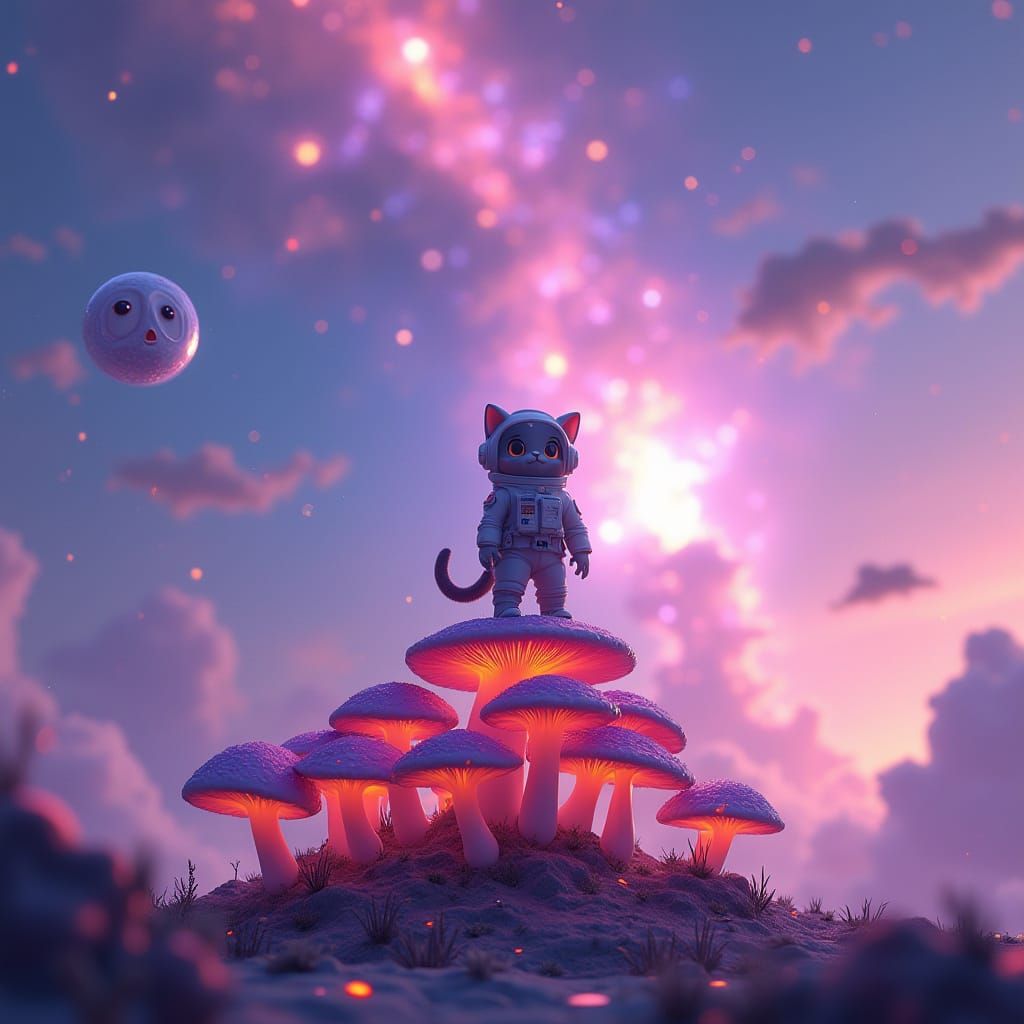 Surreal Bioluminescent Landscape with Pixar Cat Astronaut in...