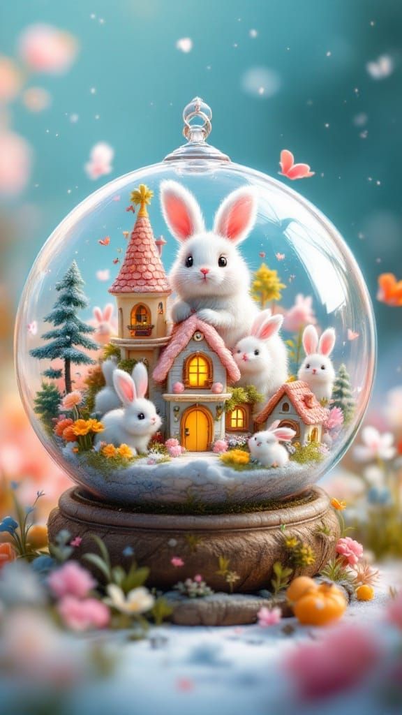Whimsical Bunny World in a Transparent Globe