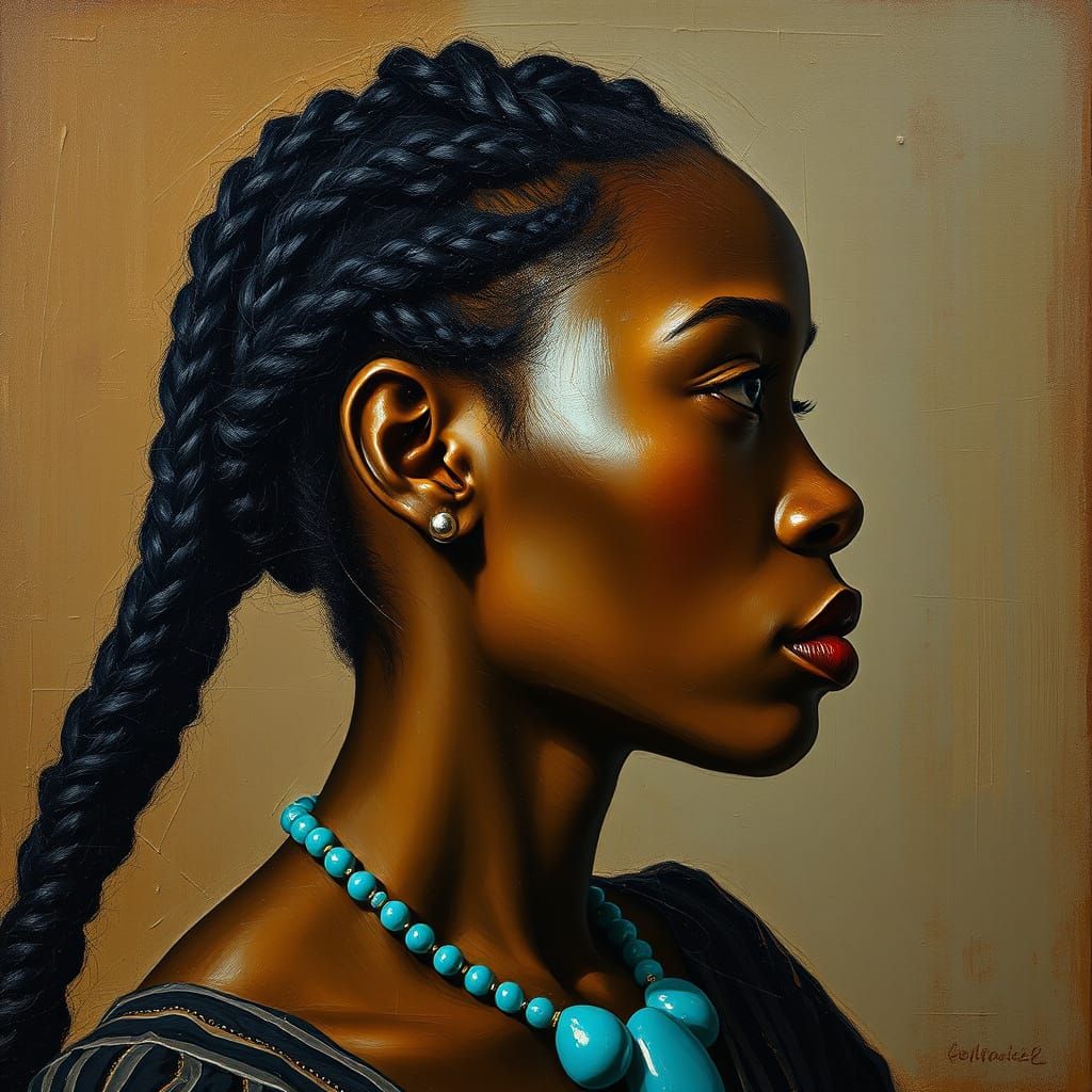 Expressionist Portrait of Woman with Braids as Oil Painting