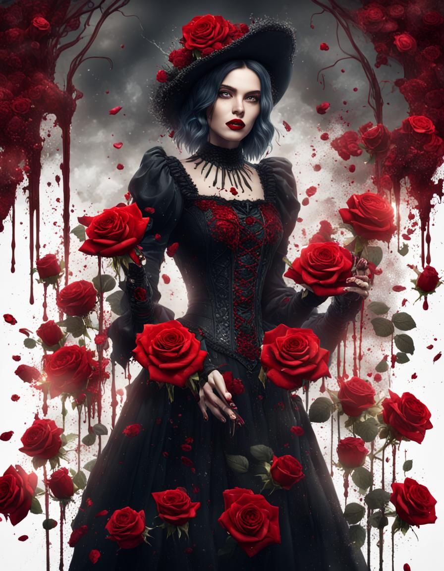 Gothic Woman with Red Roses and Alcohol Splash