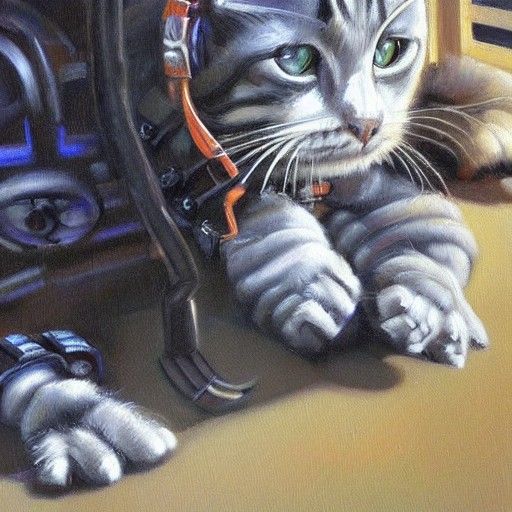 Robot Cat in Oil Painting Style