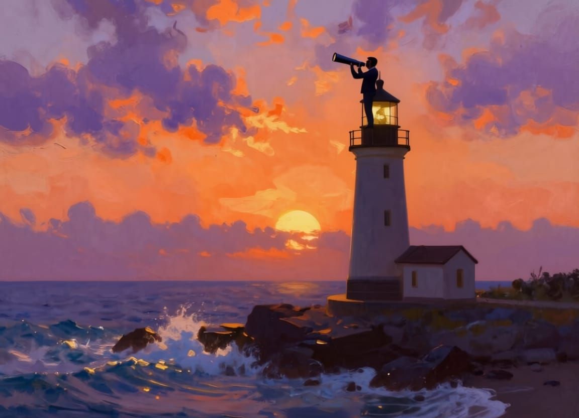 Lighthouse Keeper Silhouetted Against Fiery Sunset