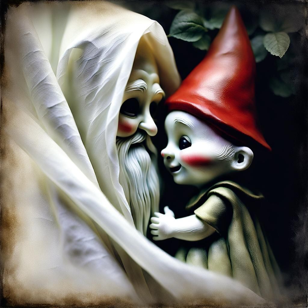 Garden Gnome Hugs Ghost: Creepy Professional Photo