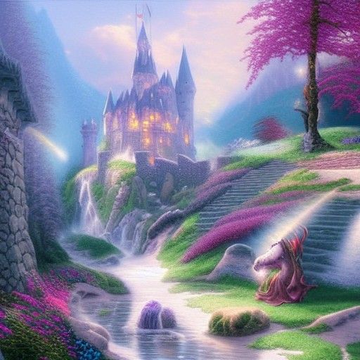 Ethereal Fantasy Scene: Unicorns, Castle, Dragons and Knight...