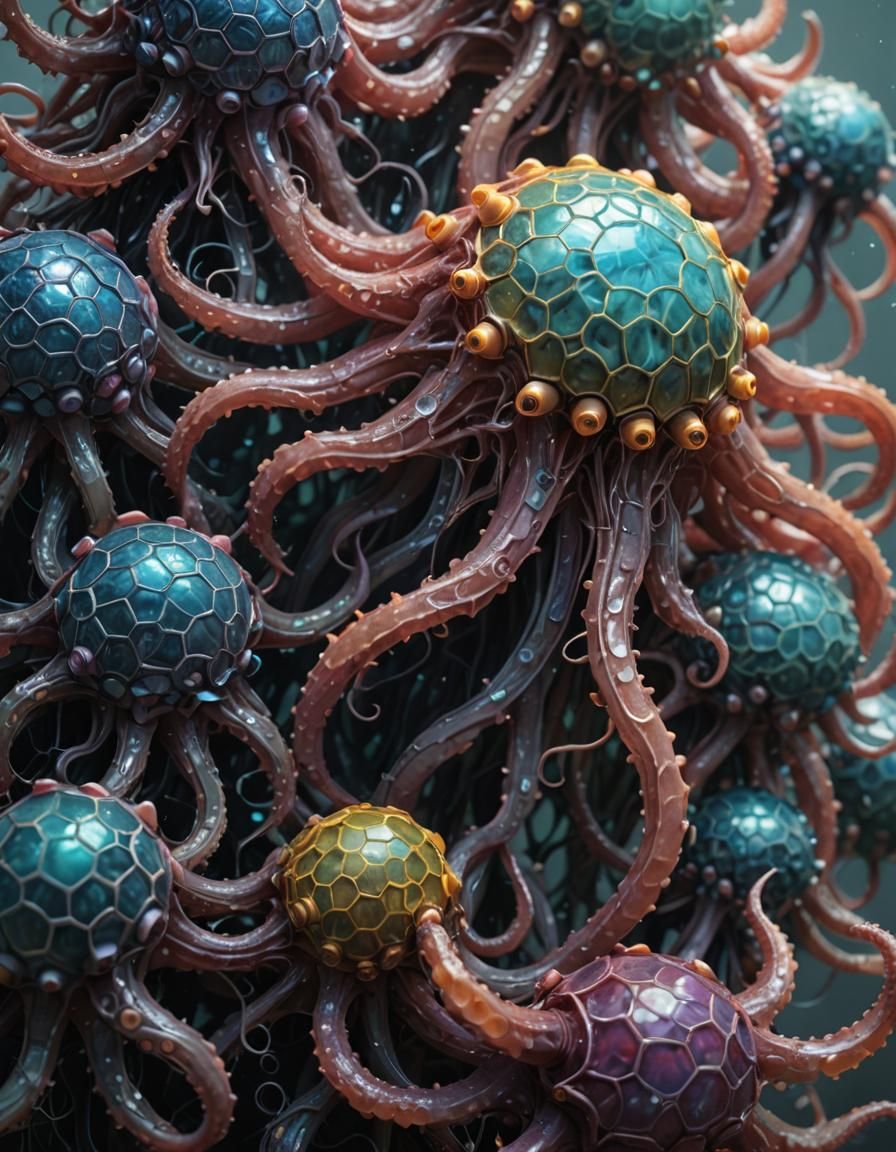 A pulsing series of fleshy connected hexagons with multiple ...