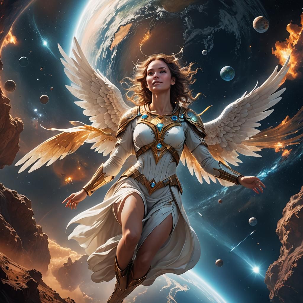 Angelic Woman Hovering Over Earth in Space