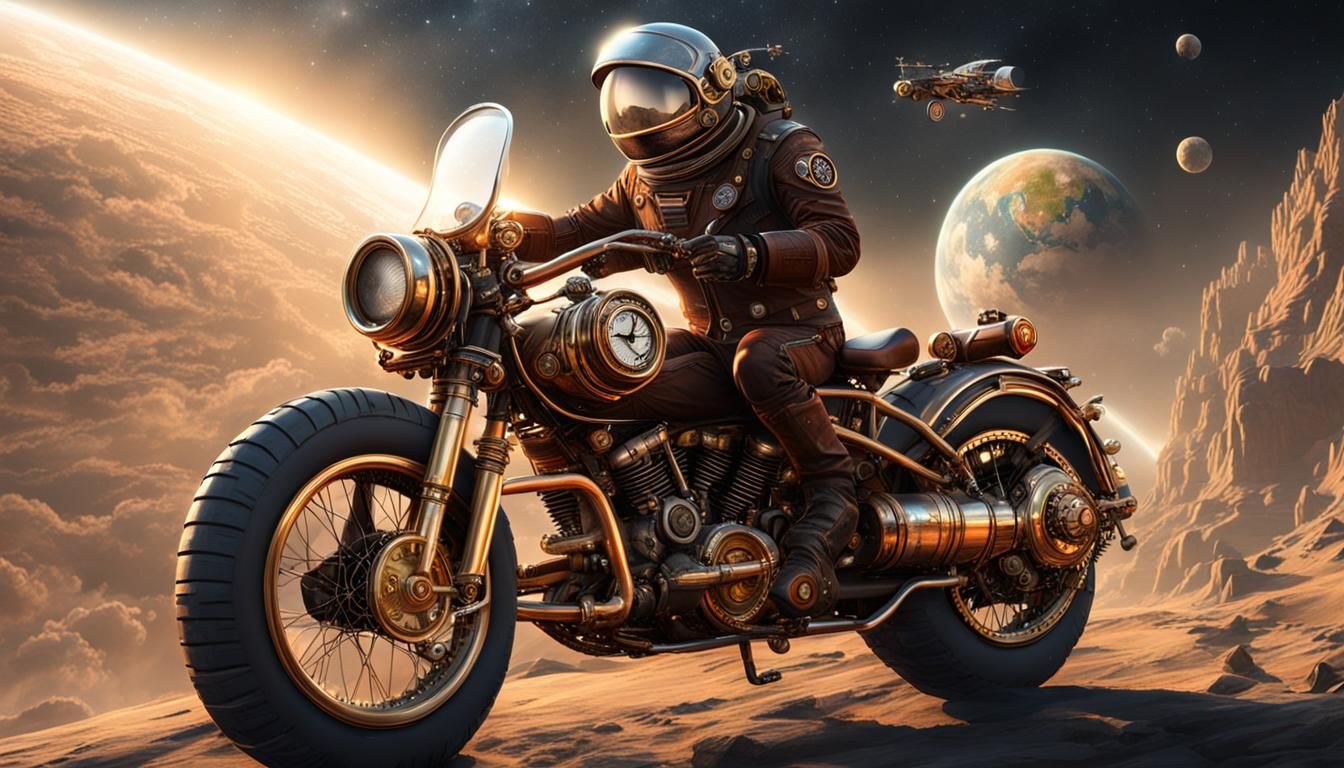 Steampunk Motorcycle Soaring Through Space