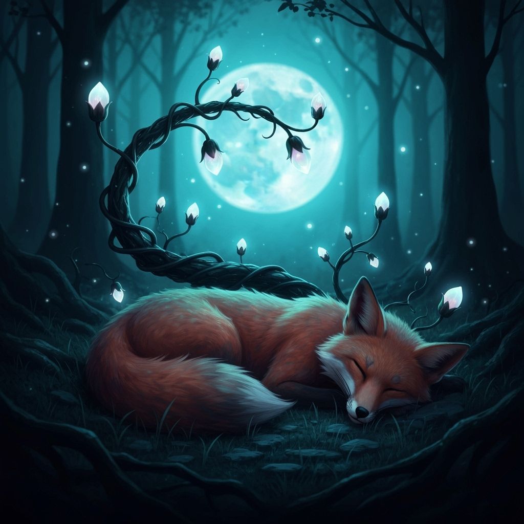 Sinister Black Vine Overtakes Sleeping Fox in Moonlit Forest