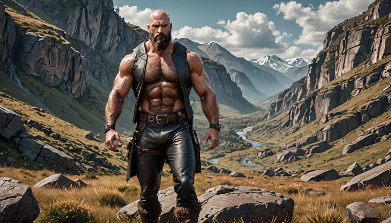 Muscular Bearded Man in Leather Outfit Amidst Technology