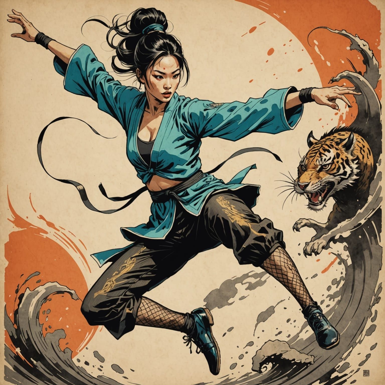 Kung Fu Dancer in Ripped Costume, Vintage Anime Style