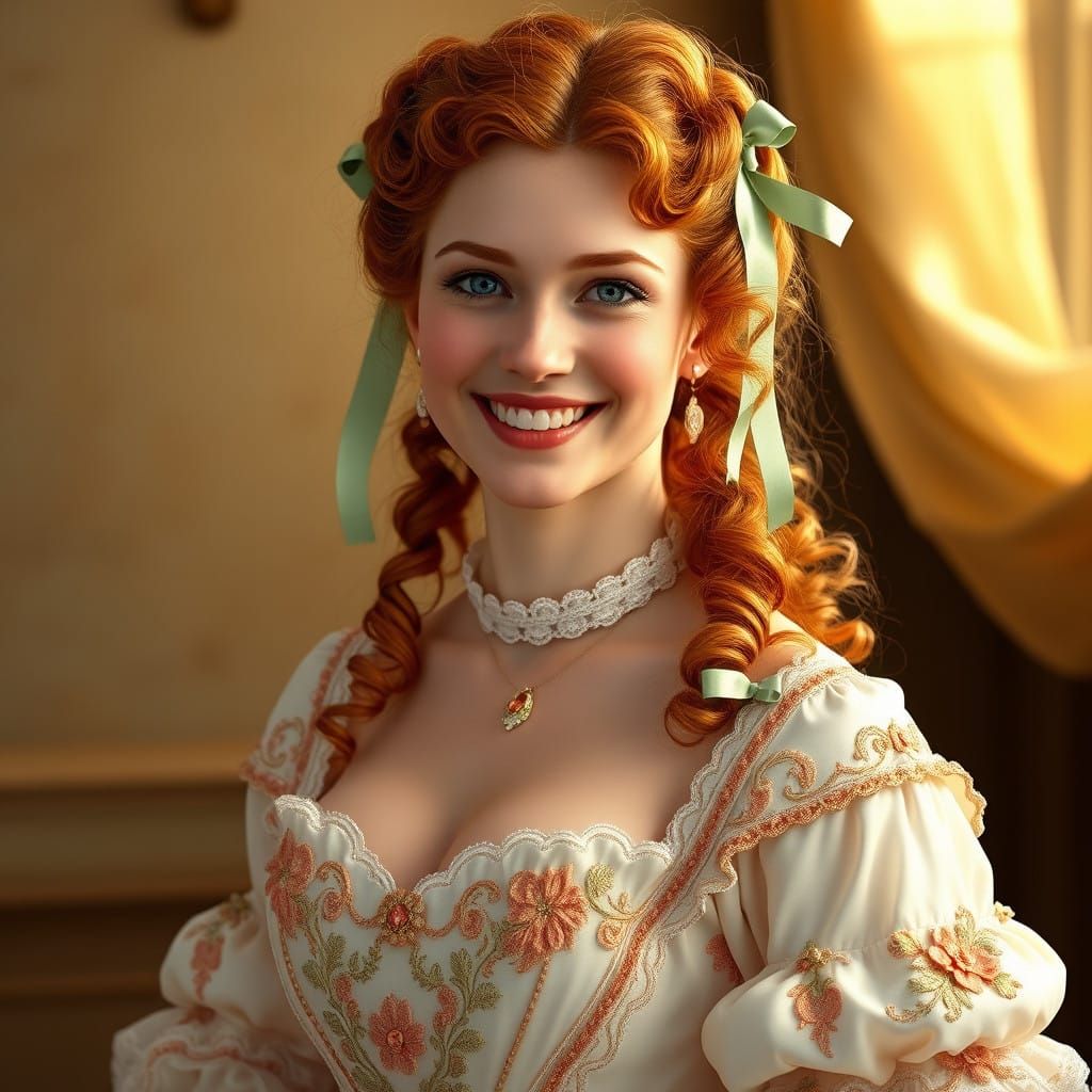 Elegant Young Lady in Regency-Era Gown, Adorned with Sage Gr...