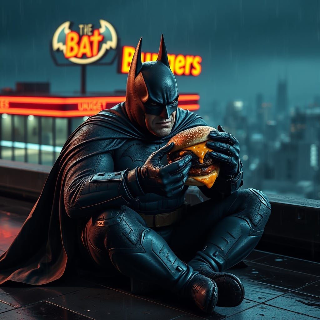 A gritty close-up shot of Batman, rendered in hyper-realistic detail, sitting alone on a rain-slicked rooftop overlookin...
