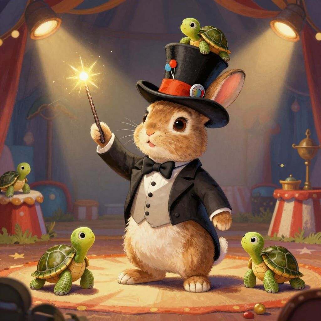 Magician Rabbit with Emerging Turtles in Circus Style