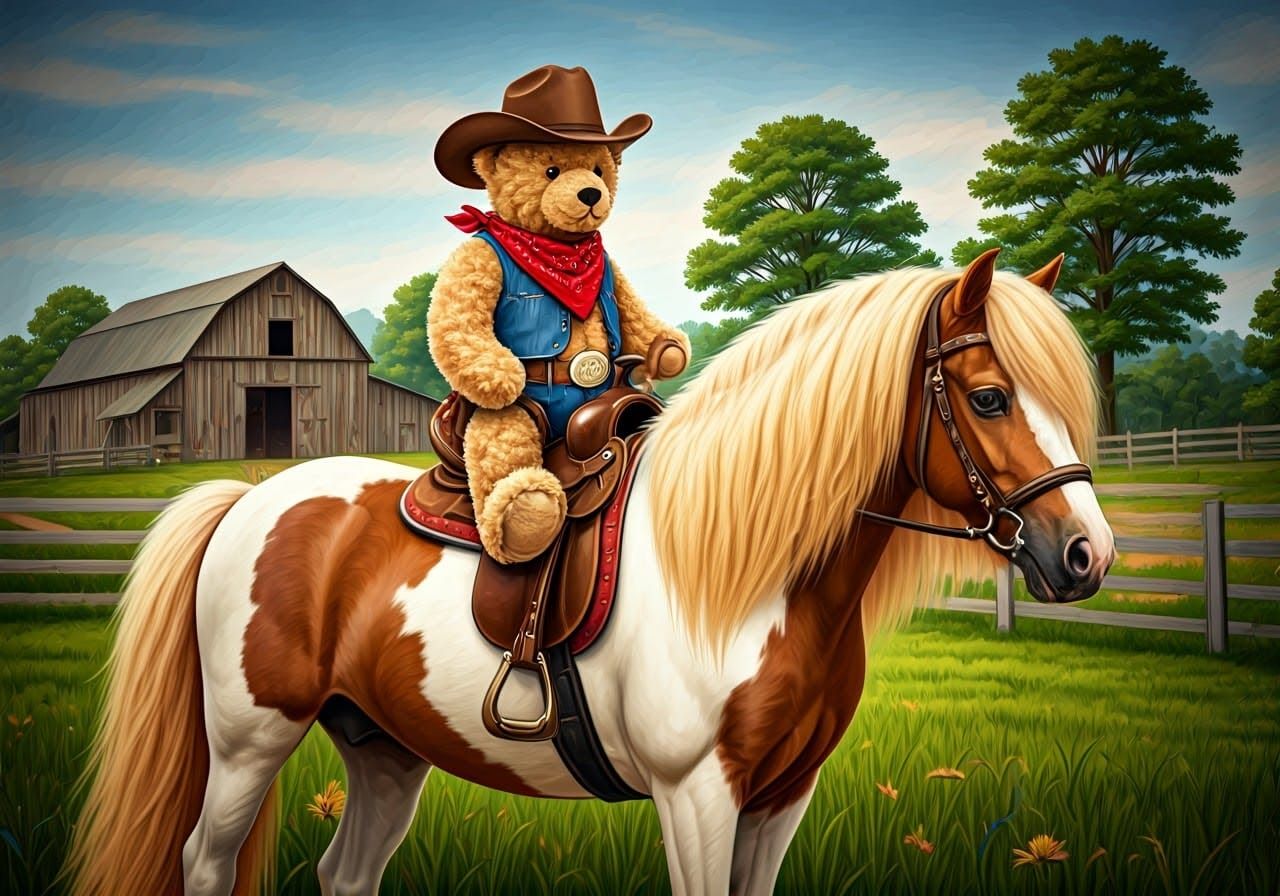 Cowboy Teddy Bear on Calico Pony, Watercolor Style