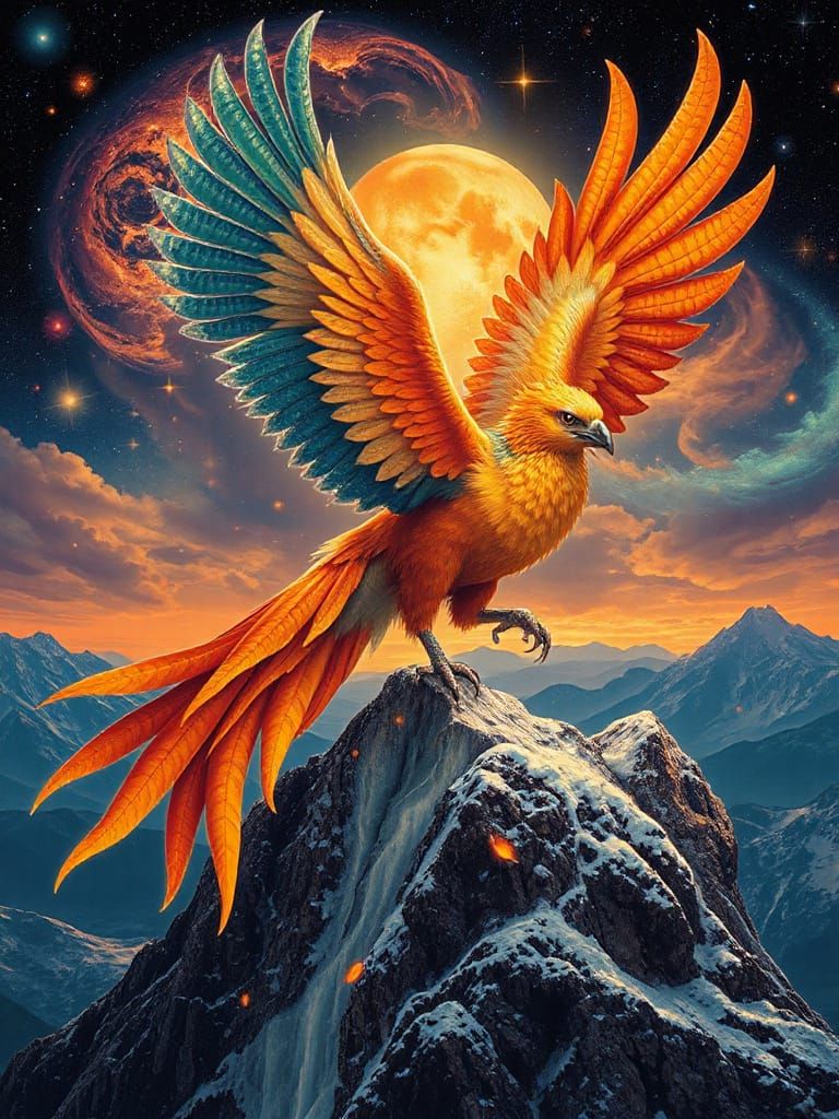 Phoenix on Crystal Peak in Art Nouveau Cosmic Style