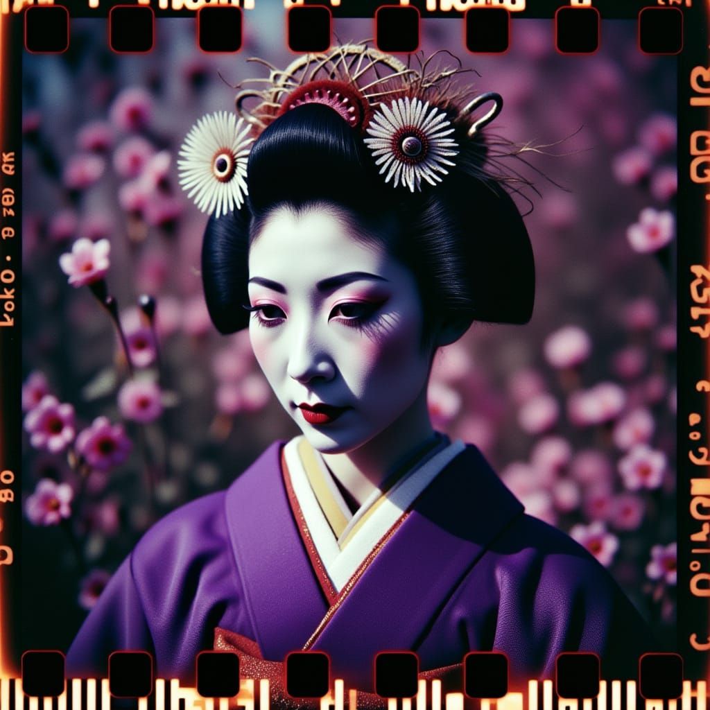 Stern Geisha in Regal Purple Kimono, Lomography Style