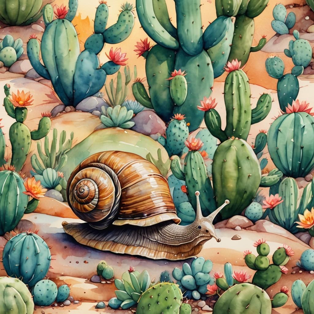 Snail and Cactus in Watercolor Style