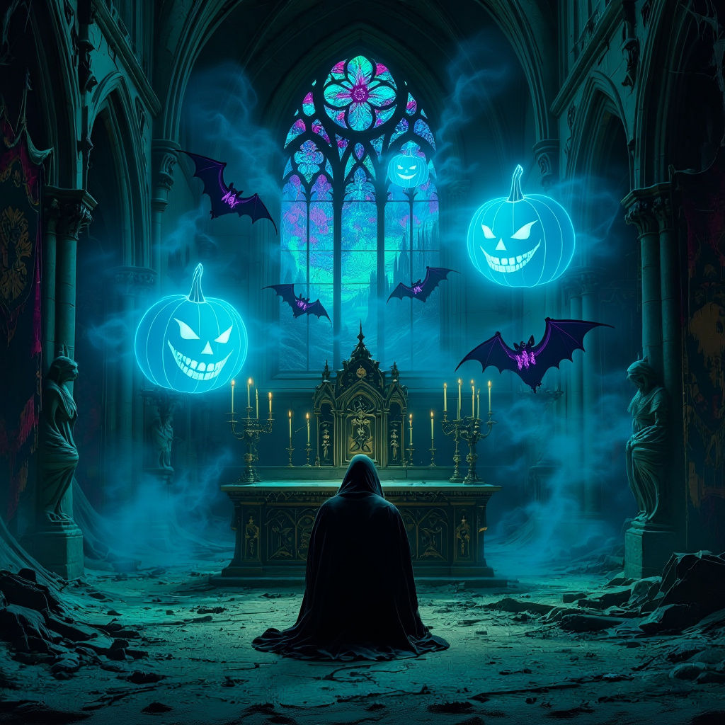 Cyberpunk Cathedral with Holographic Pumpkins