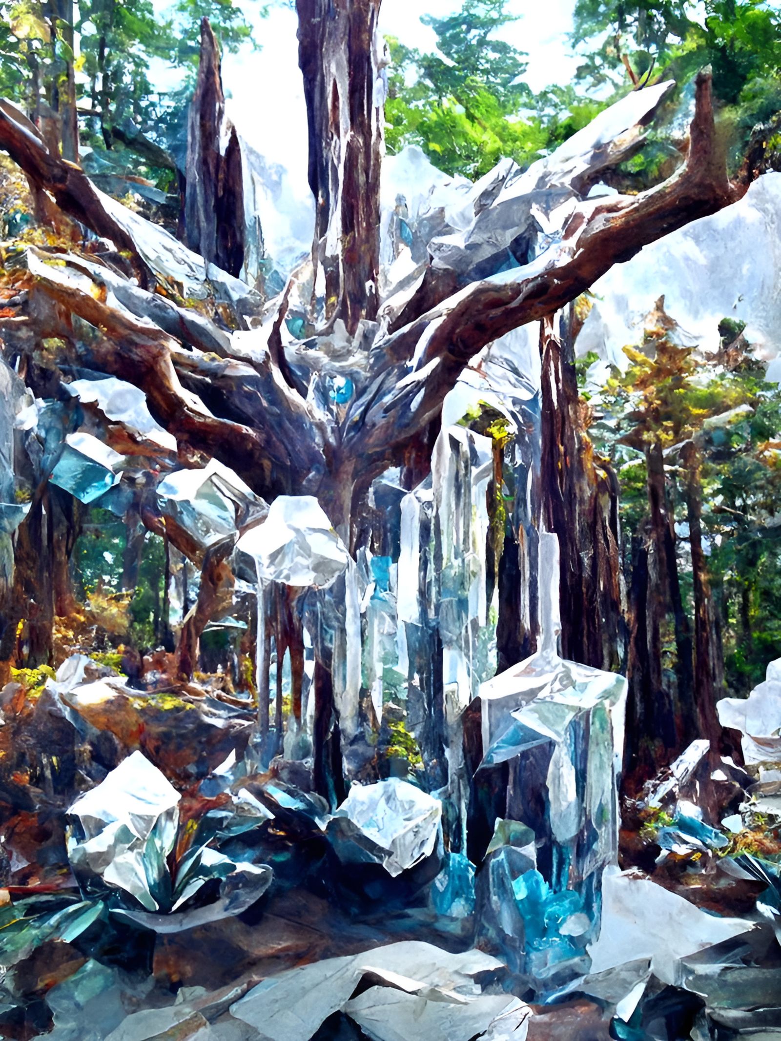 Crystal Tree in Forest: Hyperrealistic Fantasy Art