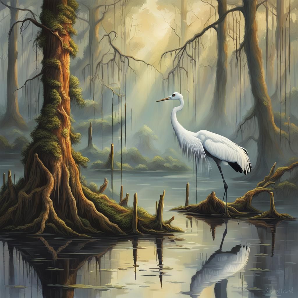 Foggy Swamp with Crane in Hyperrealistic Style