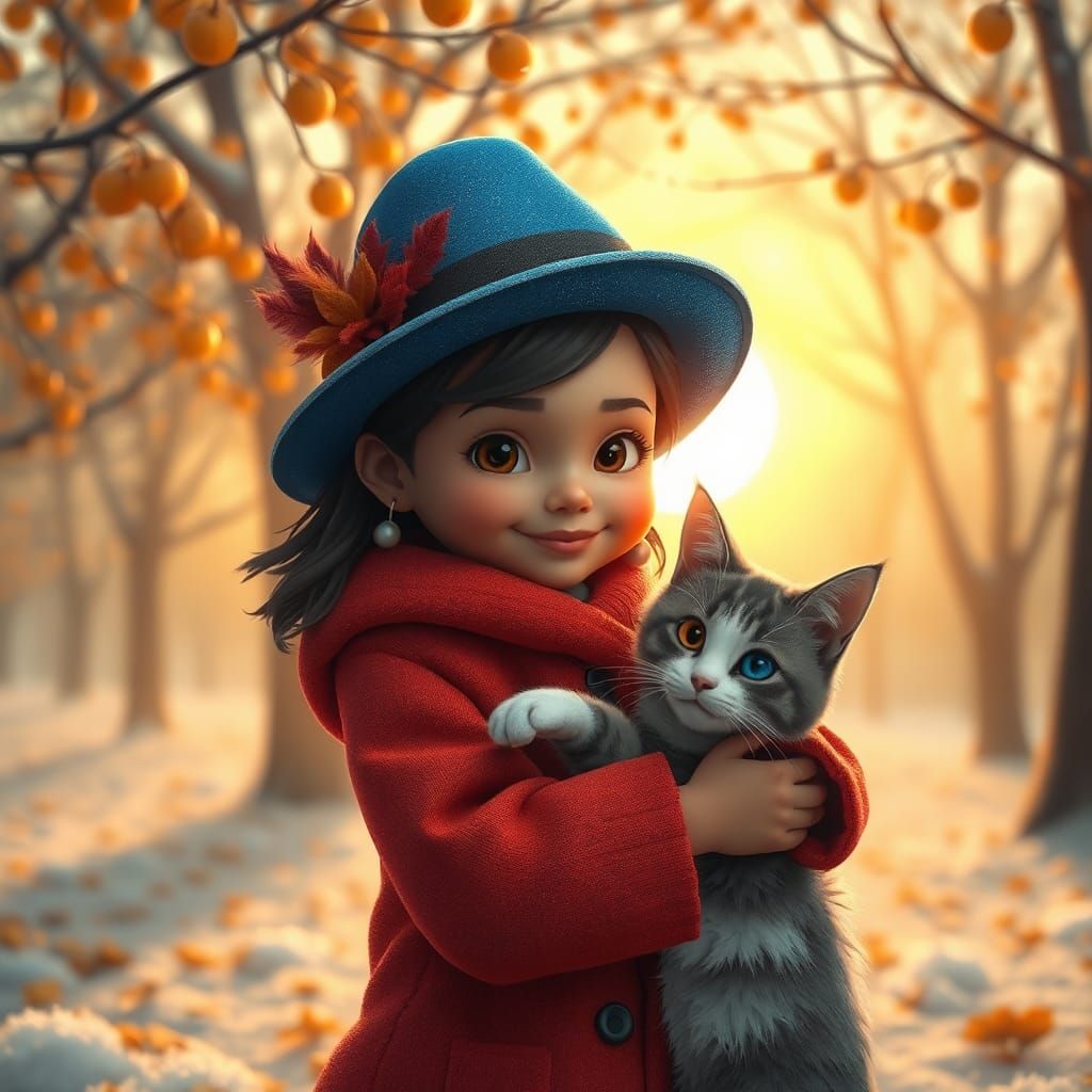 Girl and Cat Embrace in Autumn Park, 3D Render