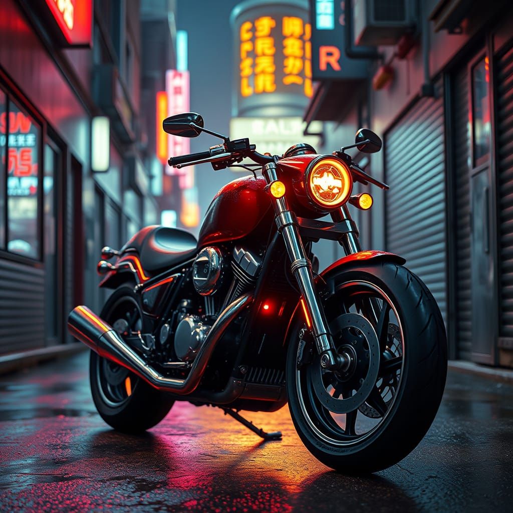 Futuristic Motorcycle in Cyberpunk Metropolis Alleyway
