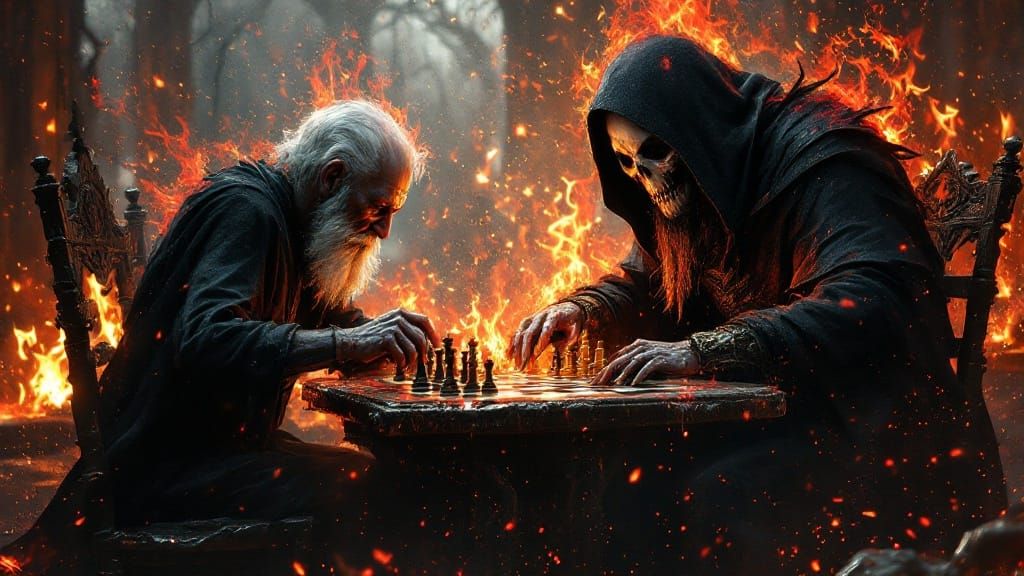 Chess Match in Hades: Hyperdetailed Concept Art