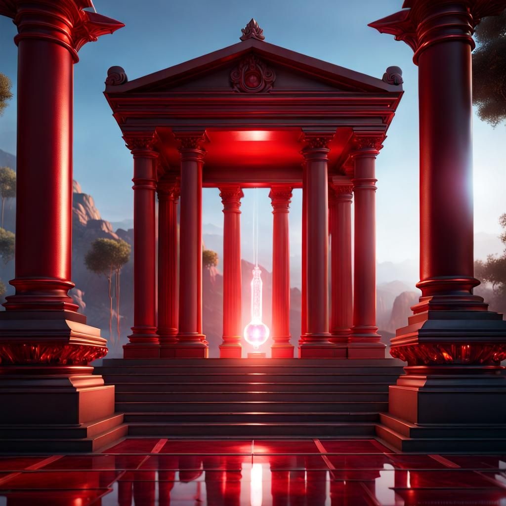 Glowing Red Crystal at Temple Entrance, Detailed Matte Paint...