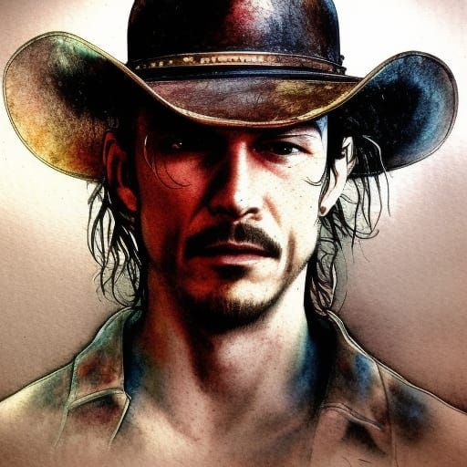 Cowboy Hat Portrait in Watercolor and Ink Style