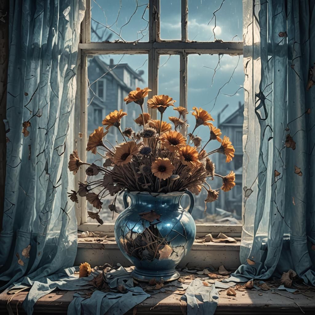 Withered Flowers in Abandoned House: Astral Illustration
