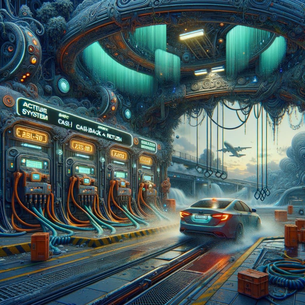 Surreal Car Wash in Fantasy Realism, with Cashback and Statu...