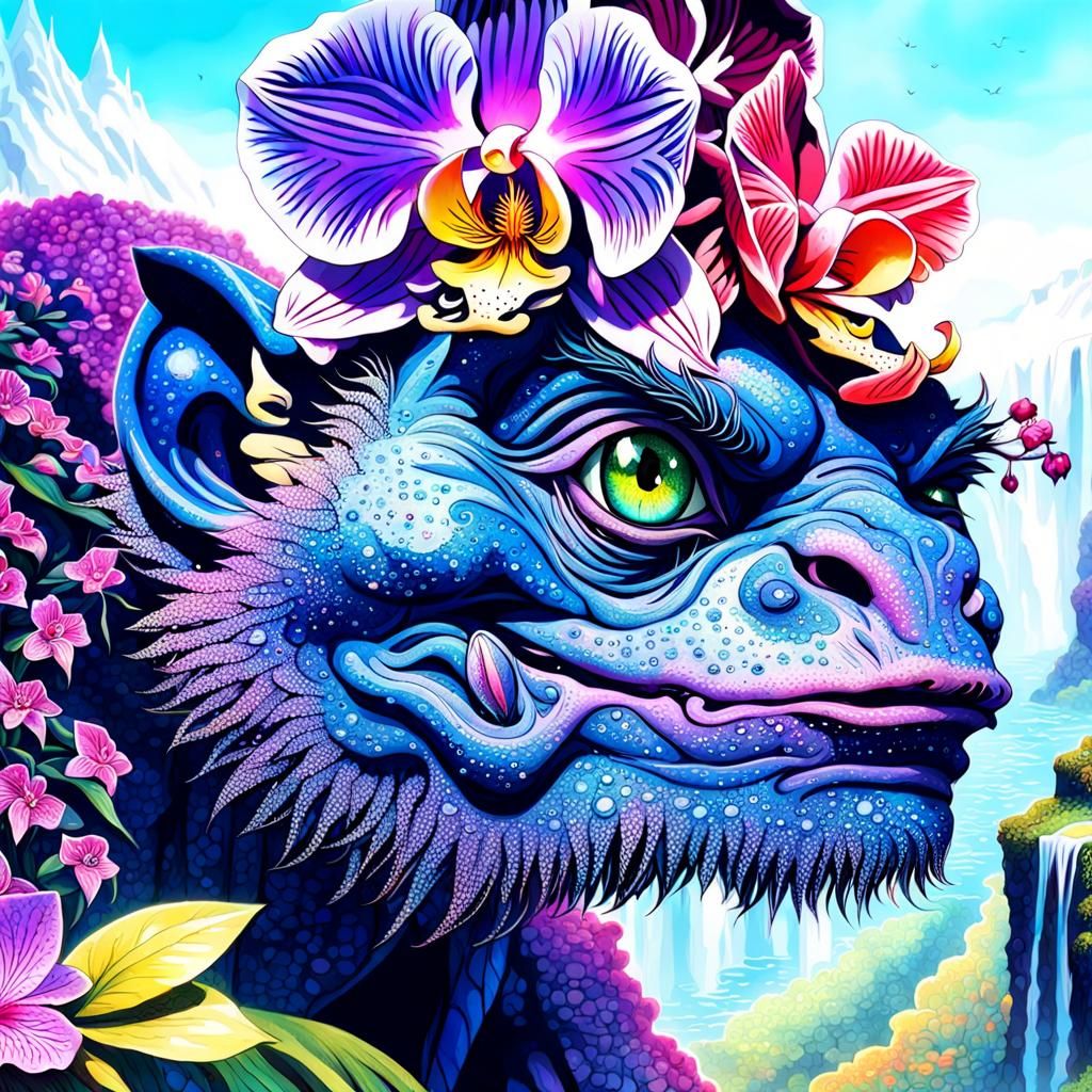 Pointillist Troll in Japanese Garden at Sunset