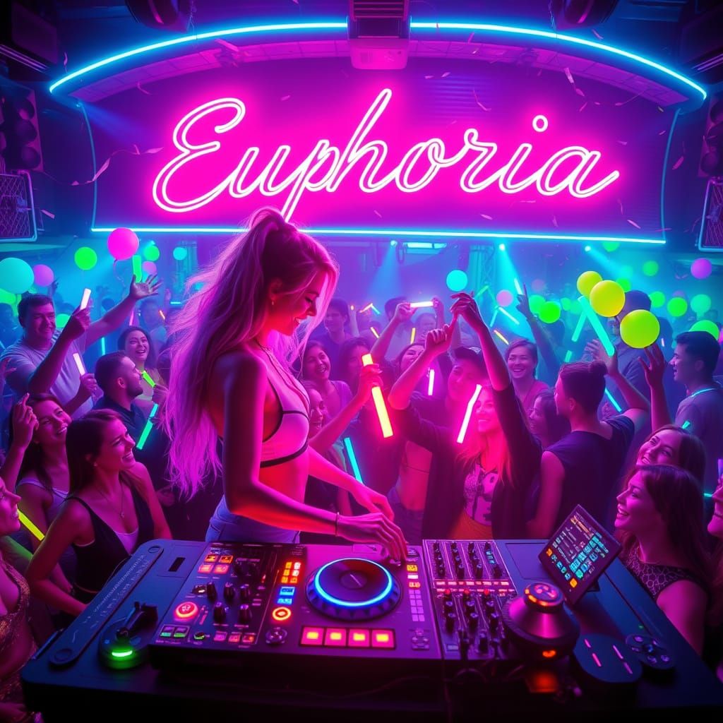 Futuristic Night Club Scene with Neon Signs and Happy Dancer...